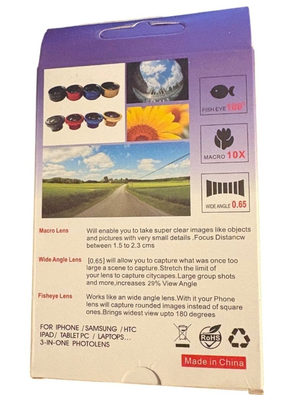 HD360X 3-In-1 Smartphone Lens Kit W/180° Fisheye 0.65X Wide-Angle 10X Macro Lens - Picture 2 of 5